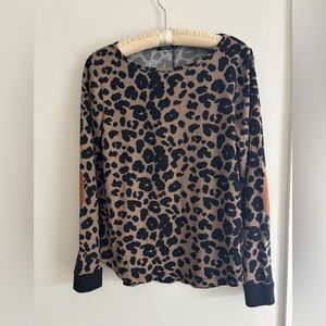 Pink Clover Abby Button Back Knit Top Leopard Print with Elbow Patches